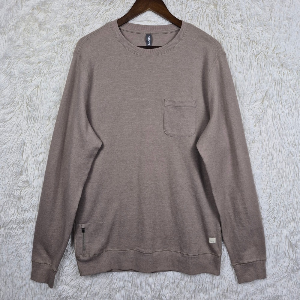 Vuori Mens Crewneck Sweatshirt‎ Brown Taupe Pocket Zip V218 Size L Sample